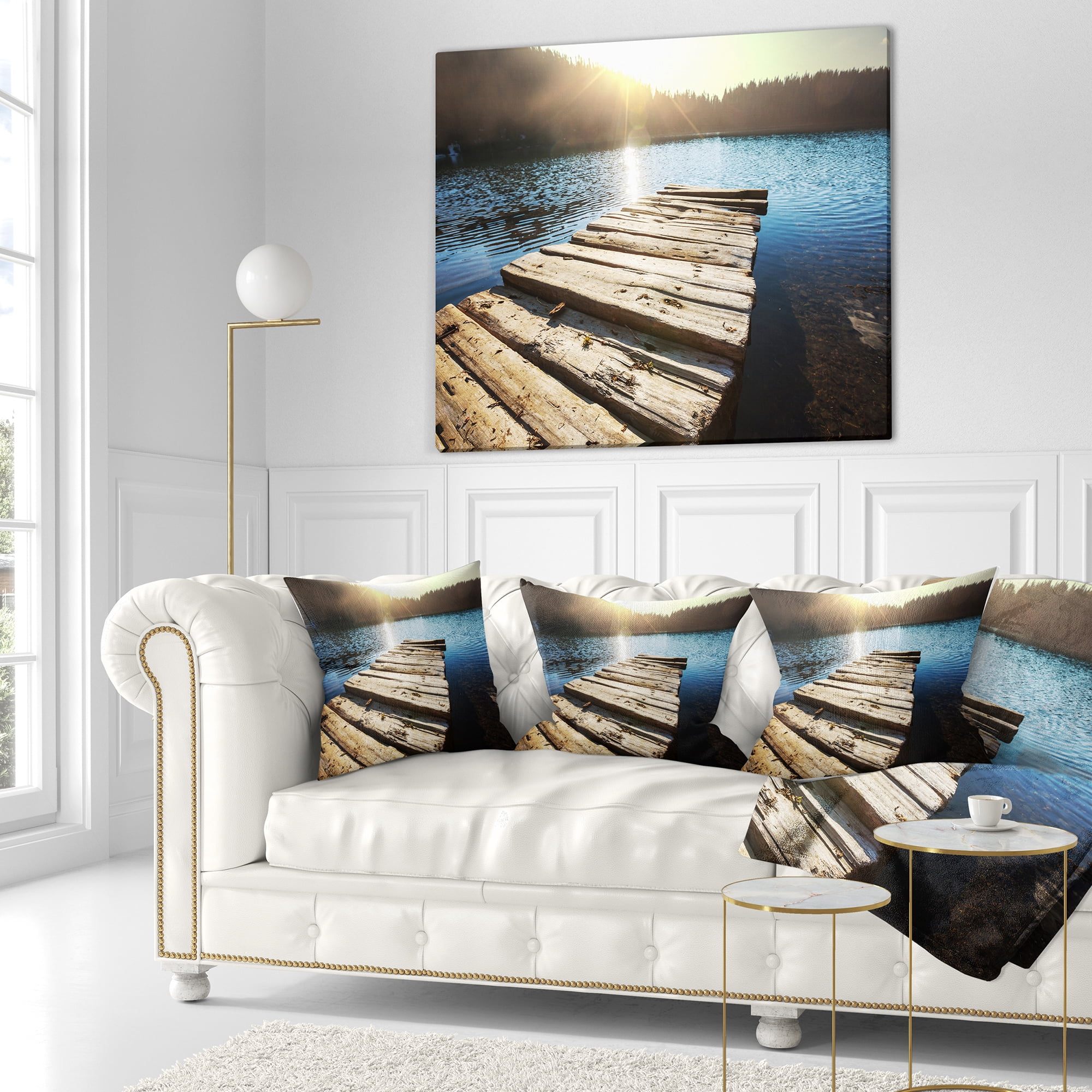 Designart Large Wooden Pier into the Lake - Seashore Throw Pillow - 16x16