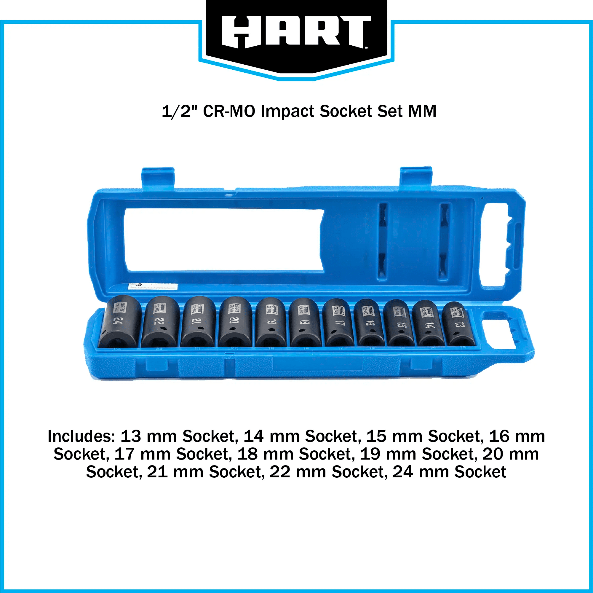 HART 11 Piece 1/2" CR-MO Impact Rated Socket Set, Metric Sockets