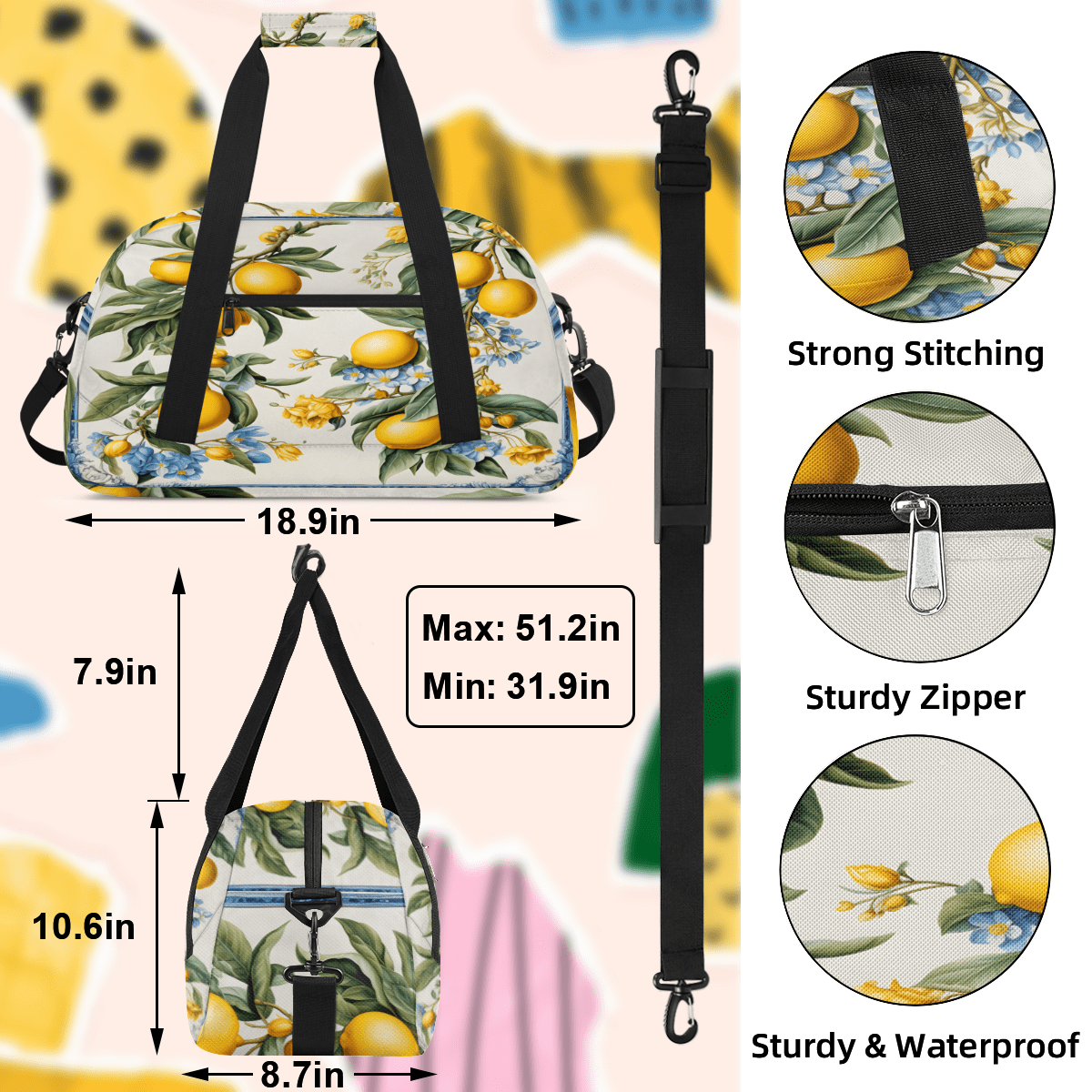 Herdesigns Vintage Sports Duffle Bag for Women & Men, Lemon Gym Bag Dance Bag Overnight Bag Carry On Weekender Travel Bag