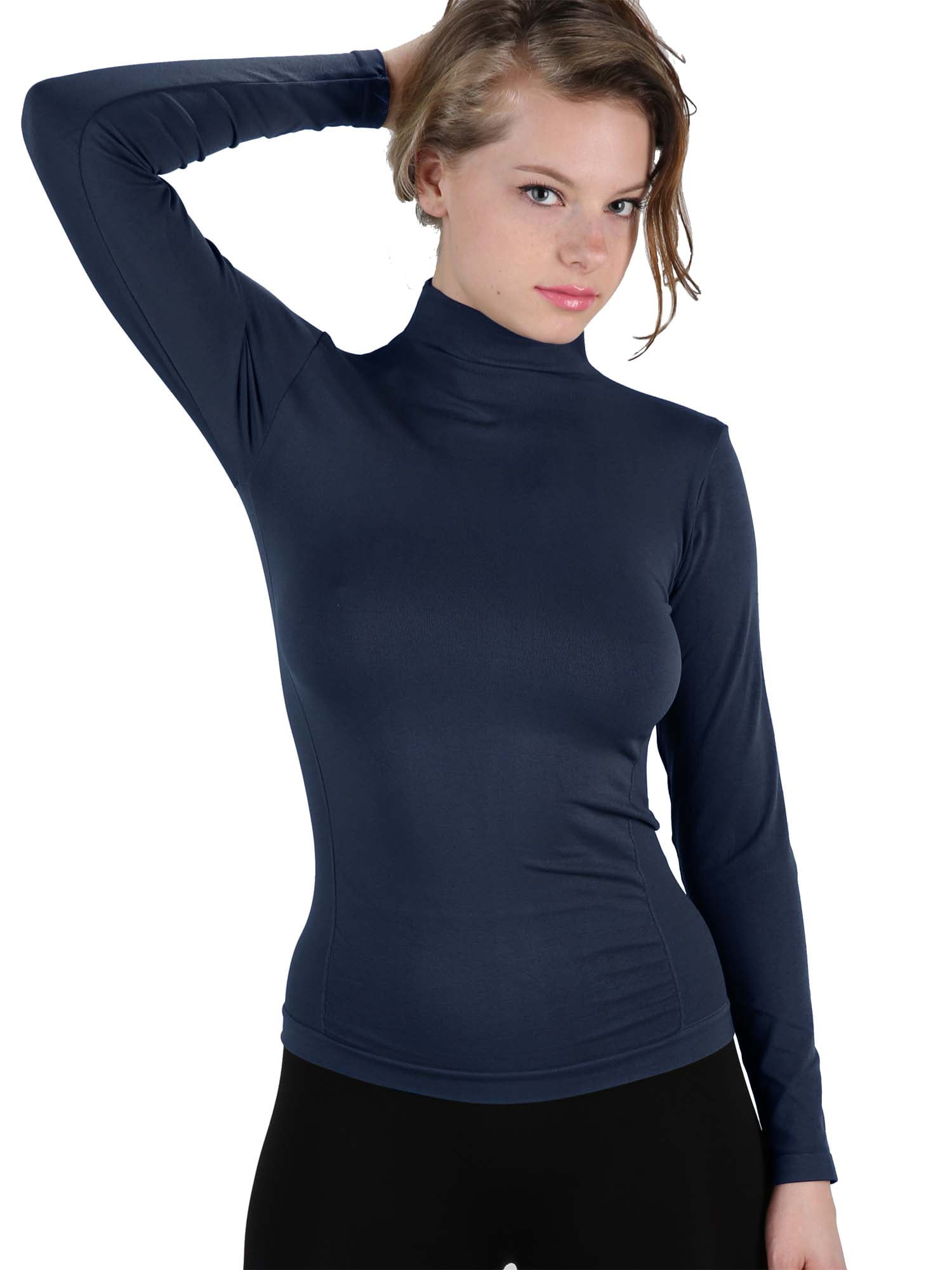 Women Stretch Long Sleeve Mock neck Turtleneck Top Slim Fit Tight Shirt ...