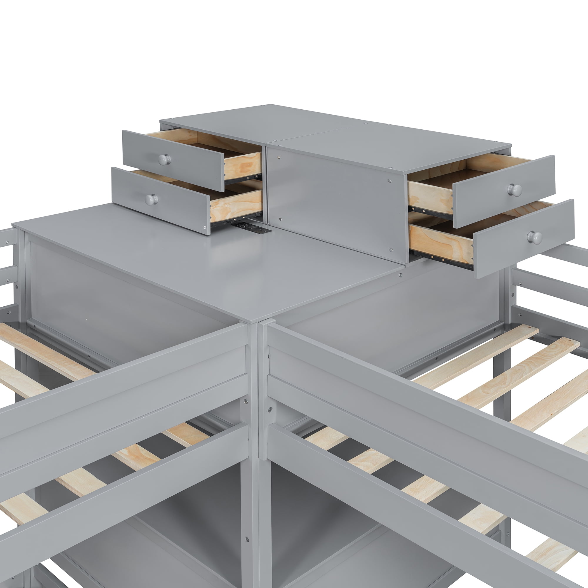 Mintazer Twin L-Shaped Triple Bunk Bed with Desk & Charging Station, Triple Bunk Bed with 4 Drawers & Guardrails for Kids Teen Bedrooms, Gray