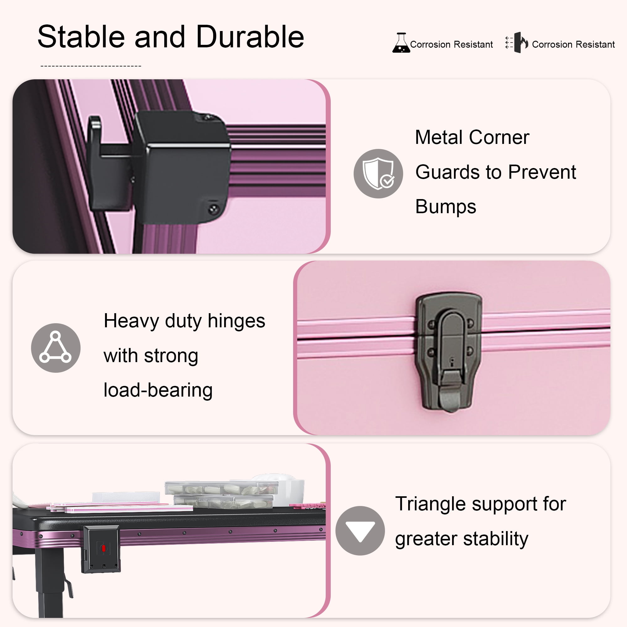 Aukfa Rolling Portable Manicure Table,Folding Nail Table with LED Mirro,Wireless Speaker & Lockable Drawers for Home & Mobile Salon,Pink
