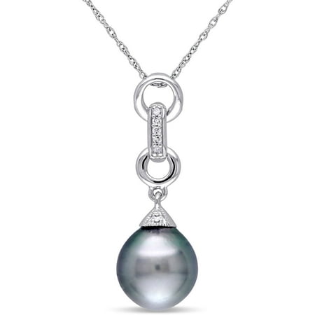 9.5-10mm Black Drop Tahitian Pearl and Diamond-Accent 10kt White Gold Drop Link Pendant, 17