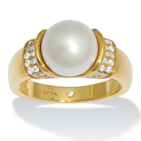.32 TCW CZ and Round Simulated Pearl Yellow Gold-Plated Ring