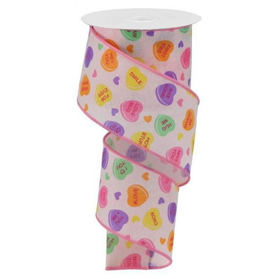 Conversation Hearts Canvas Wired Edge Ribbon, 2.5 Inch x 10 Yards (Powder Pink)