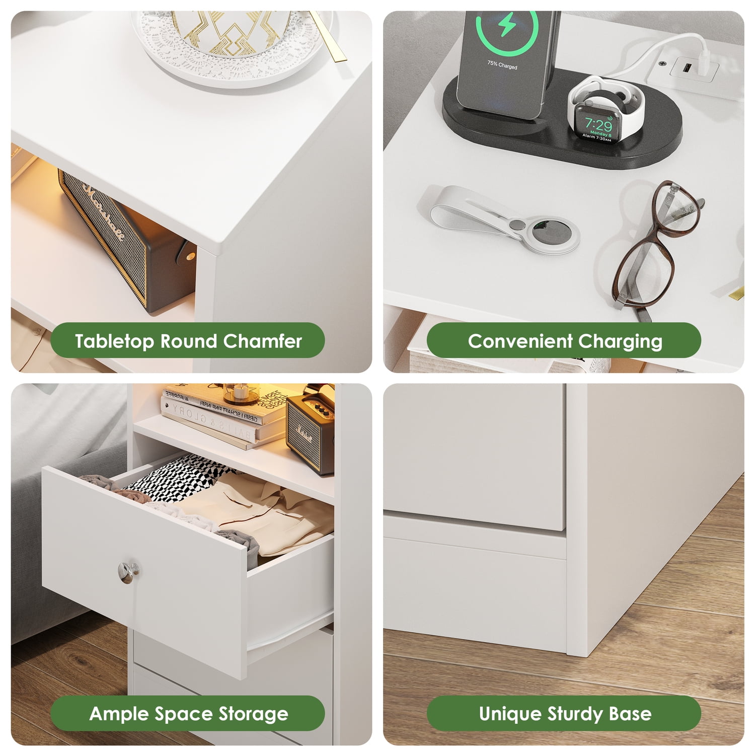 Someet Modern Nightstand with 2 Drawers, 2 USB Ports & Outlets, Nightstand for Bedroom, White