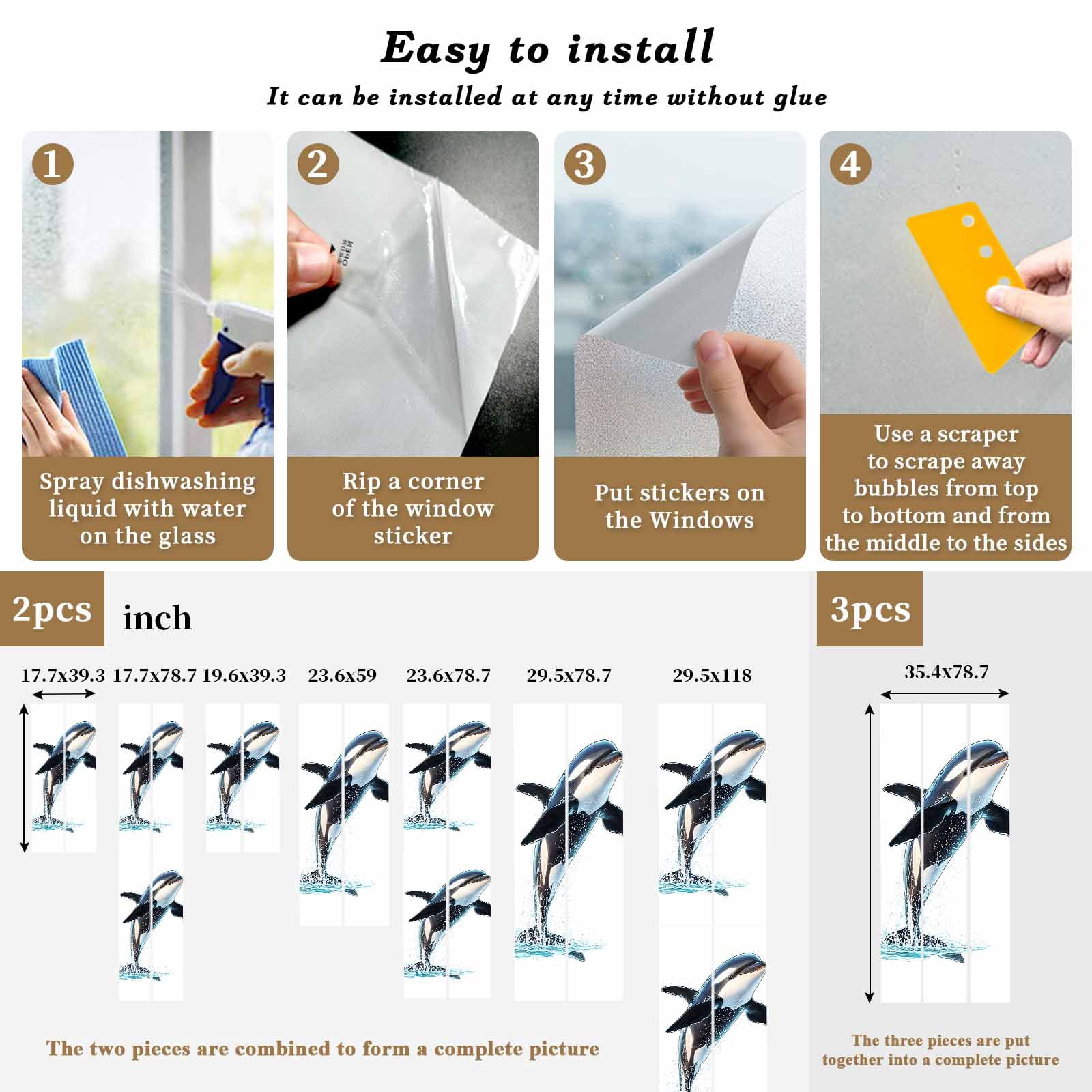 Cute Killer Whale Window Privacy Film, Orca Animal Ocean Retro Artwork Static Cling UV Sun Blocking Heat Control Window Tint Day and Night, Non-Adhesive One Way Windows Privacy Cover 23.6''x59''