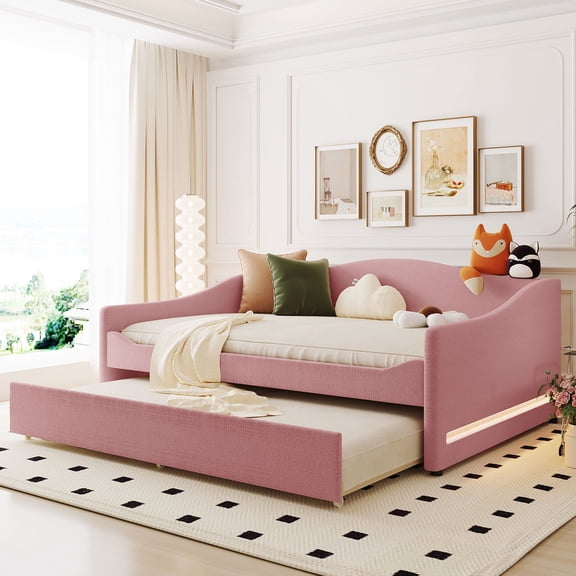 Pink Fleece Daybed With Led And Portable Trundle - Convenient For Small Spaces Upholstered Stripes Pull-out Functional Attractive