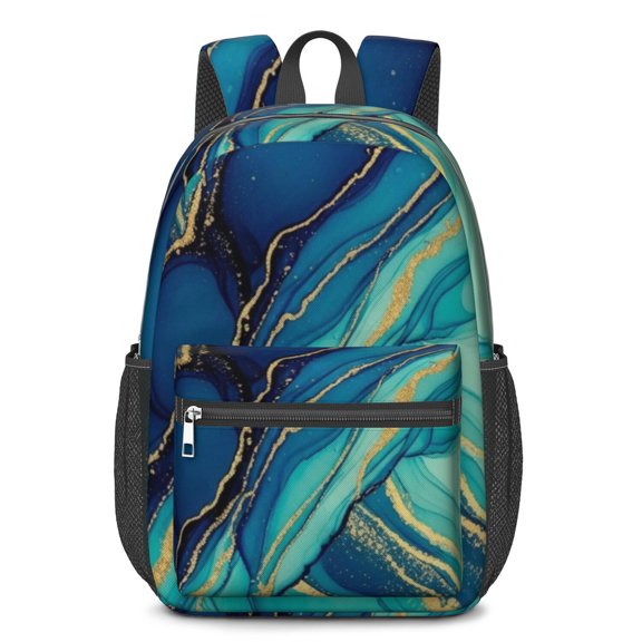 Blue and Gold Marble Pattern 17" Waterproof Oxford School Backpacks for Teens, S-Shape Padded Straps, for School, Travel, Hiking, Camping