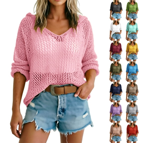 Lumistal Crochet Top for Women V Neck Hoodie Long Sleeve Knit Top Swimsuit Cover Up Crochet Tops Coverup Beach Vacation Outfit Summer Coats S-5XL Dark Blue M