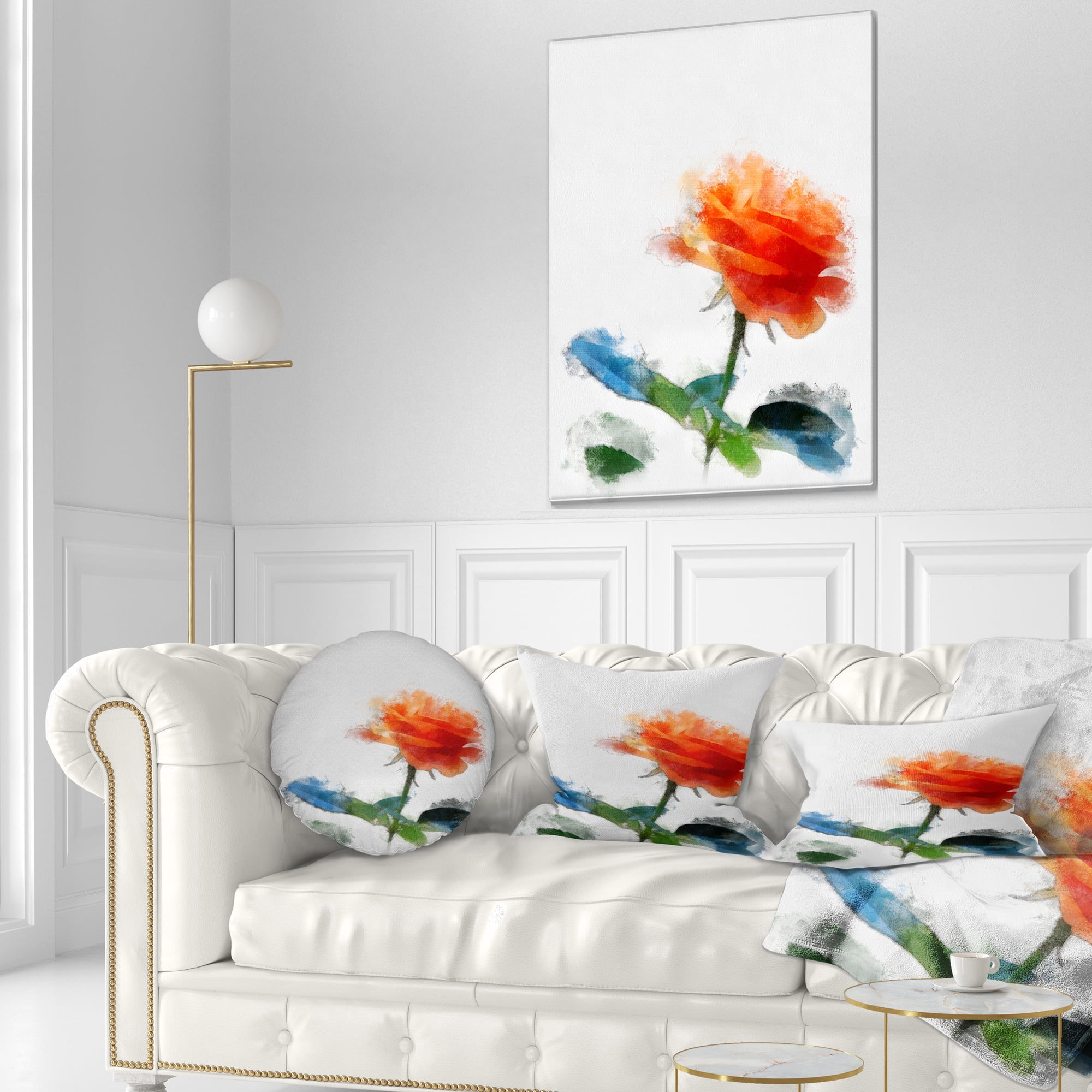 Designart Orange Rose Flower with Splashes - Floral Throw Pillow - 12x20