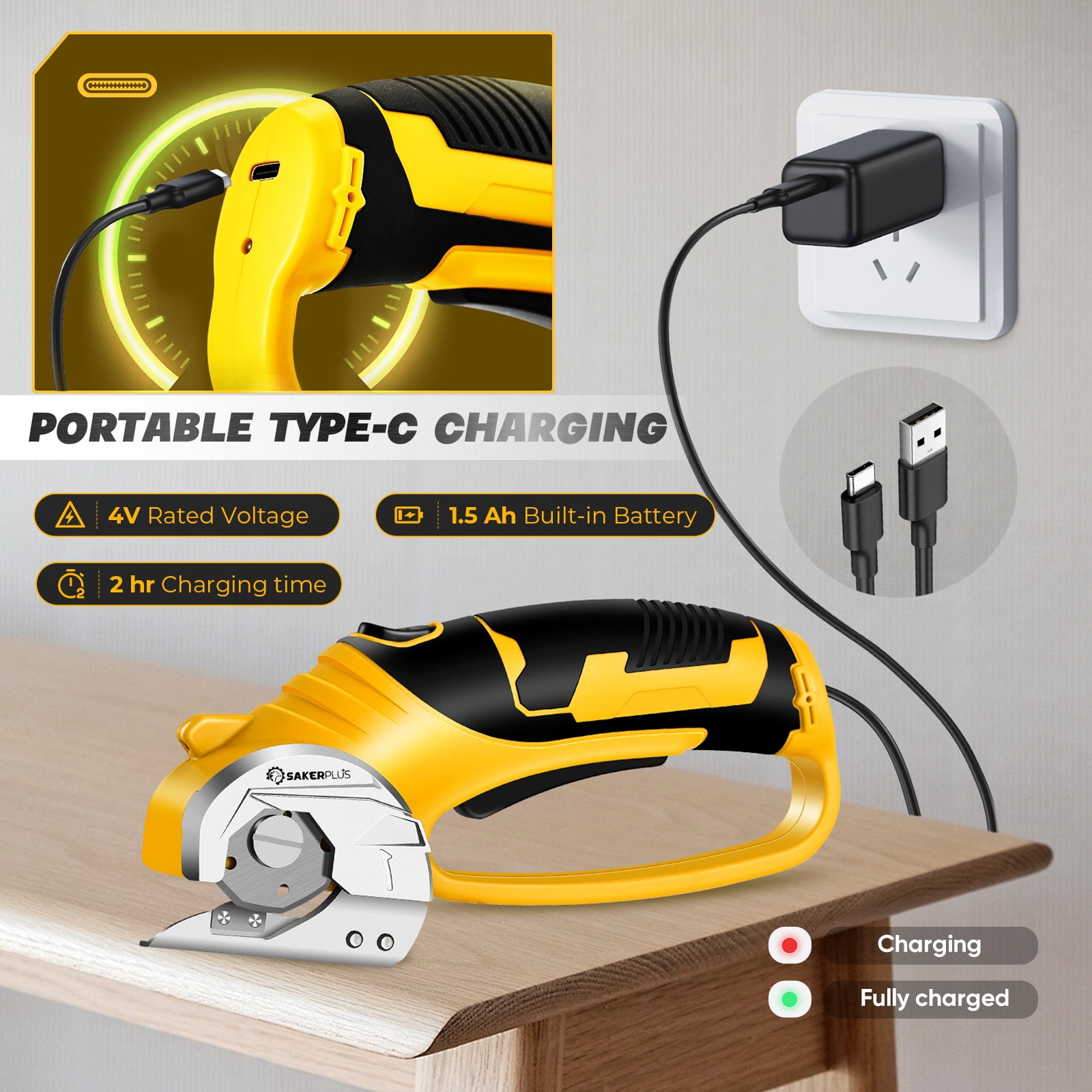 Saker 4V Cordless Electric Scissors, Cardboard Cutter with Safety Lock, LED Light, 220RPM Rotary Cutter for Cardboard, Fabric, Box, Leather, Yellow