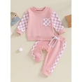 thumbnail image 3 of Baby Girls Boys Fall Outfits 6 12 18 24M Checkerboard Print Patchwork Long Sleeve Crew Neck Sweatshirts Long Pants 2Pcs Clothes Set, 3 of 10