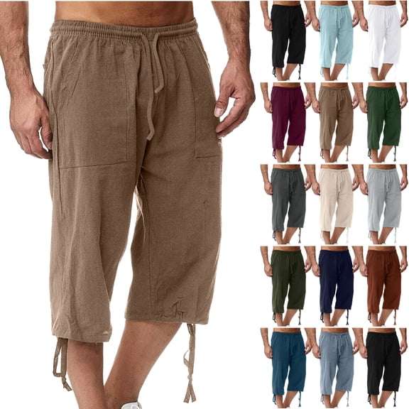 JPVDPA Cotton Linen 3/4 Pants for Mens Drawstring Elastic Waist Capri Pants Summer Comfy Quick Dry Pants Casual Lightweight Vacation Pants with Pockets Light Blue XXL