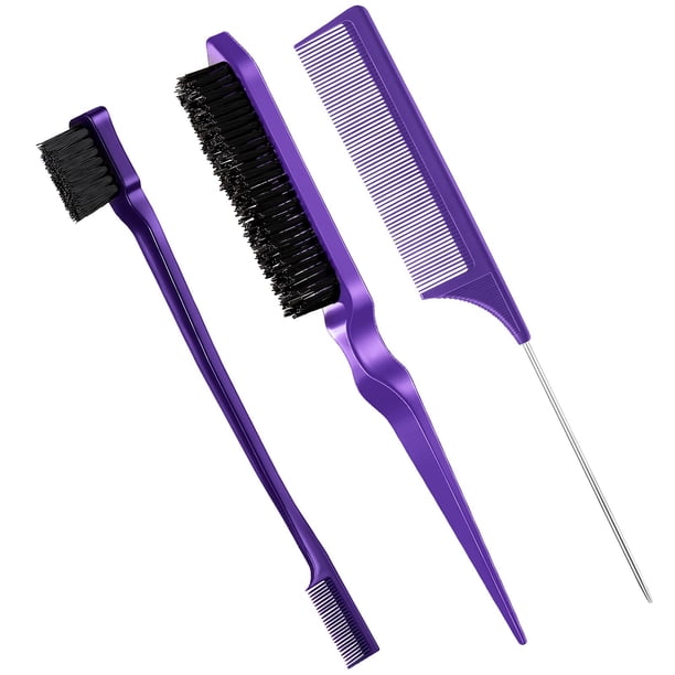 3 Pcs Slick Back Hair Brush Set Bristle Hair Brush Edge Control Brush Teasing Comb for Women Baby Kids' Black Hair (Purple)