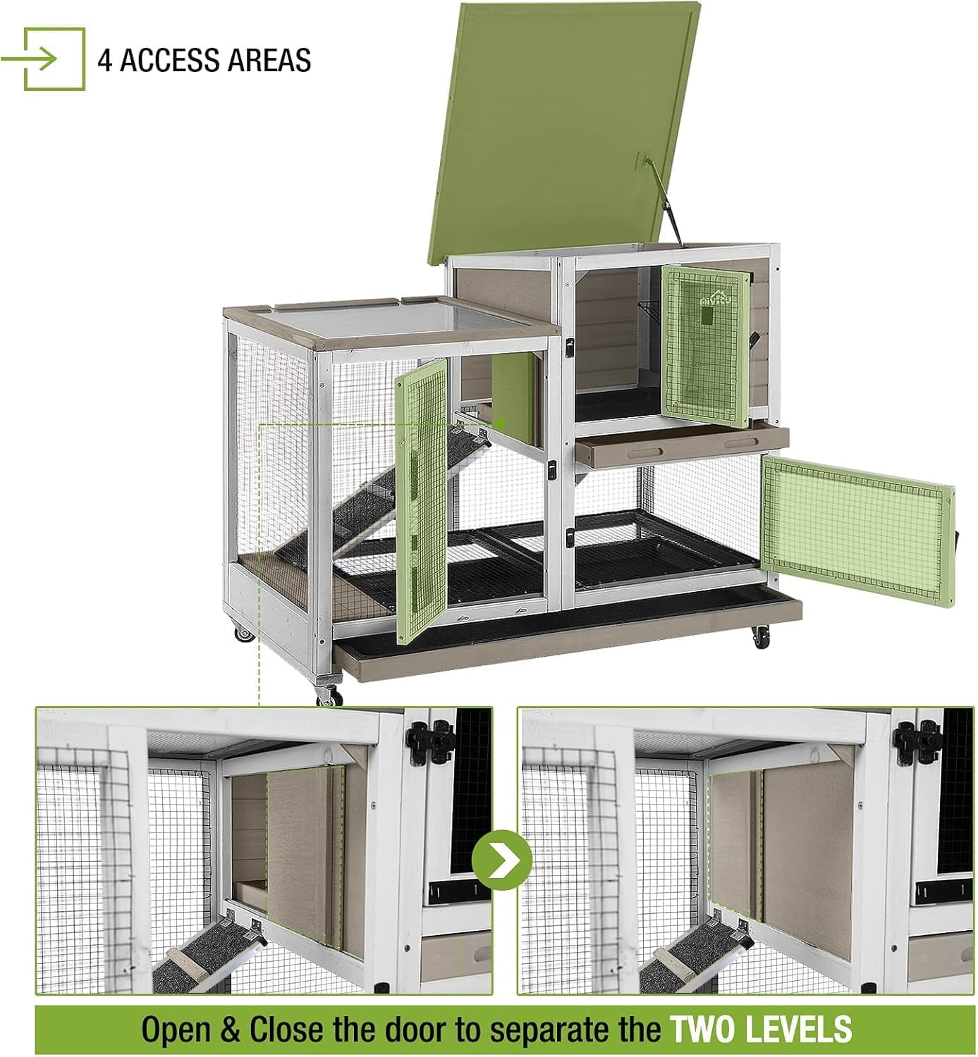 MEDEHOO Large Rabbit Hutch with Removable Wire Netting, 2 Deep Trays, 4 Wheels, Sliding Door, and Extra Access Door - Mocca Color