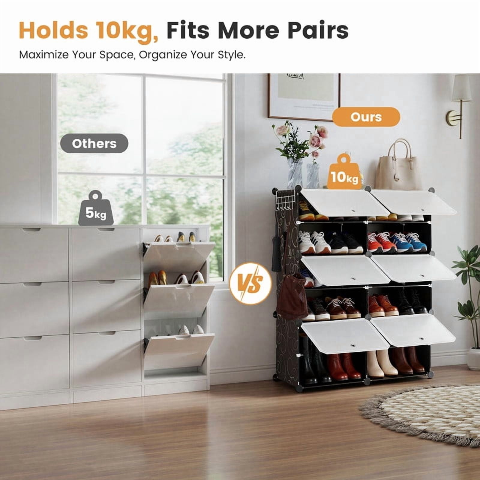 Gianna 3-Tier Shoe Rack with Side Hooks, 24-Pair Capacity Sturdy Metal Frame Storage Organizer, White&Black Plastic Panel Shelf for Entryway, Bedroom&Dressing Room，Black