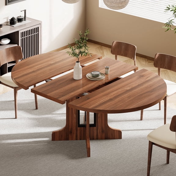 Virans 59" Extendable Round Dining Table for 4-8 , Modern Kitchen Oval Dining Table, Space Saving, Wooden Tabletop & Base, Walnut