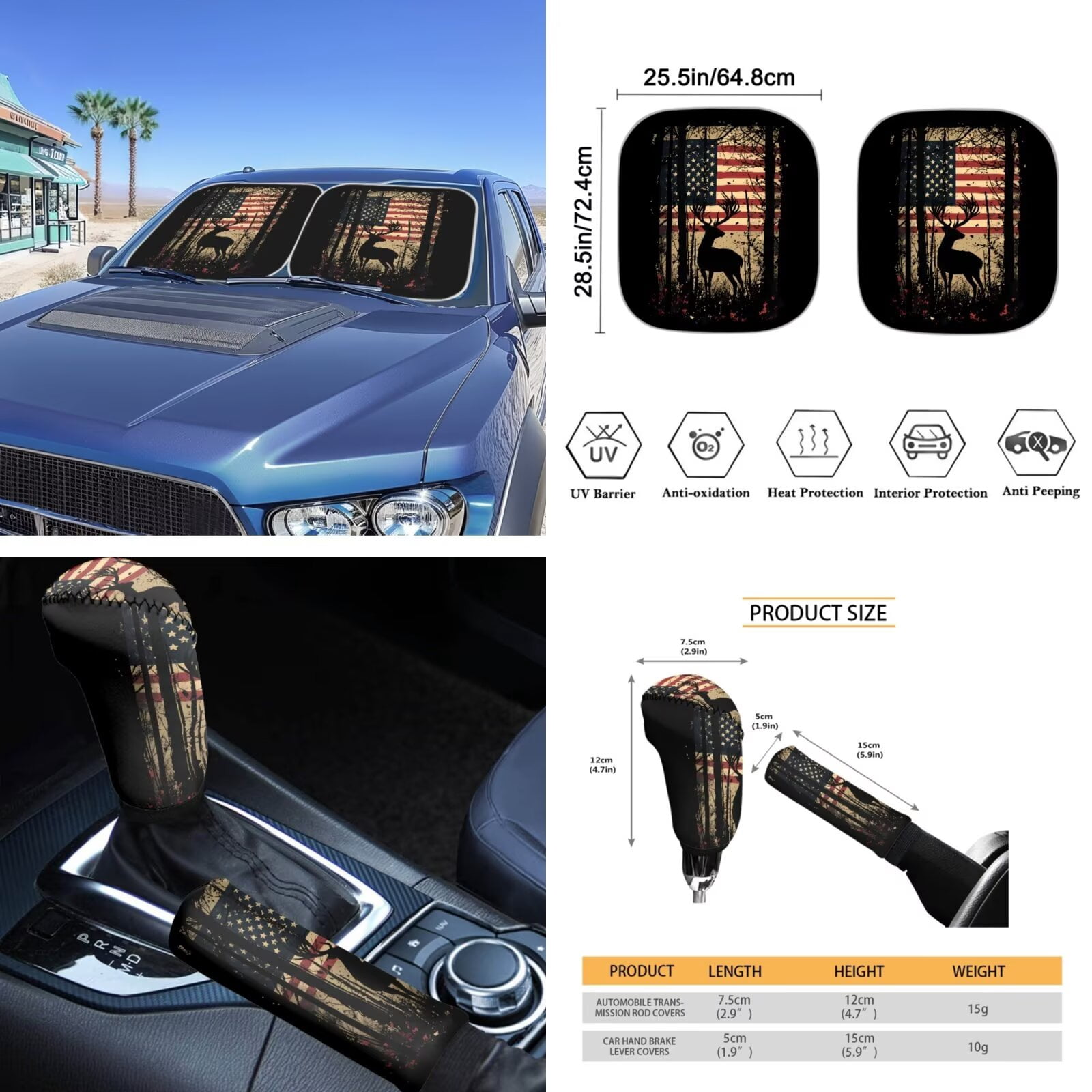 Garronmavis American Flag Deer 16 Pcs Car Accessories Set Car Seat Belt Pads Cover Keychain Gear Shifting Knob Cover Cup Mats Front Window Sunshade Rearview Mirror Cover Decorative Accessories