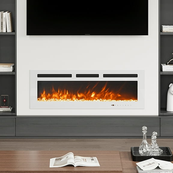 BaPiPro 50" Electric Fireplace, Floating/Wall Mounted/Recessed Fireplace Heater, 750W/1500W Dual Heat Setting, Adjustable Flame Color， White