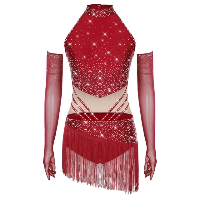 Aiihoo Robe de Danse Latine à Franges pour Femmes Jazz Tango Rumba Justaucorps de Gymnastique avec Gants Bourgogne S