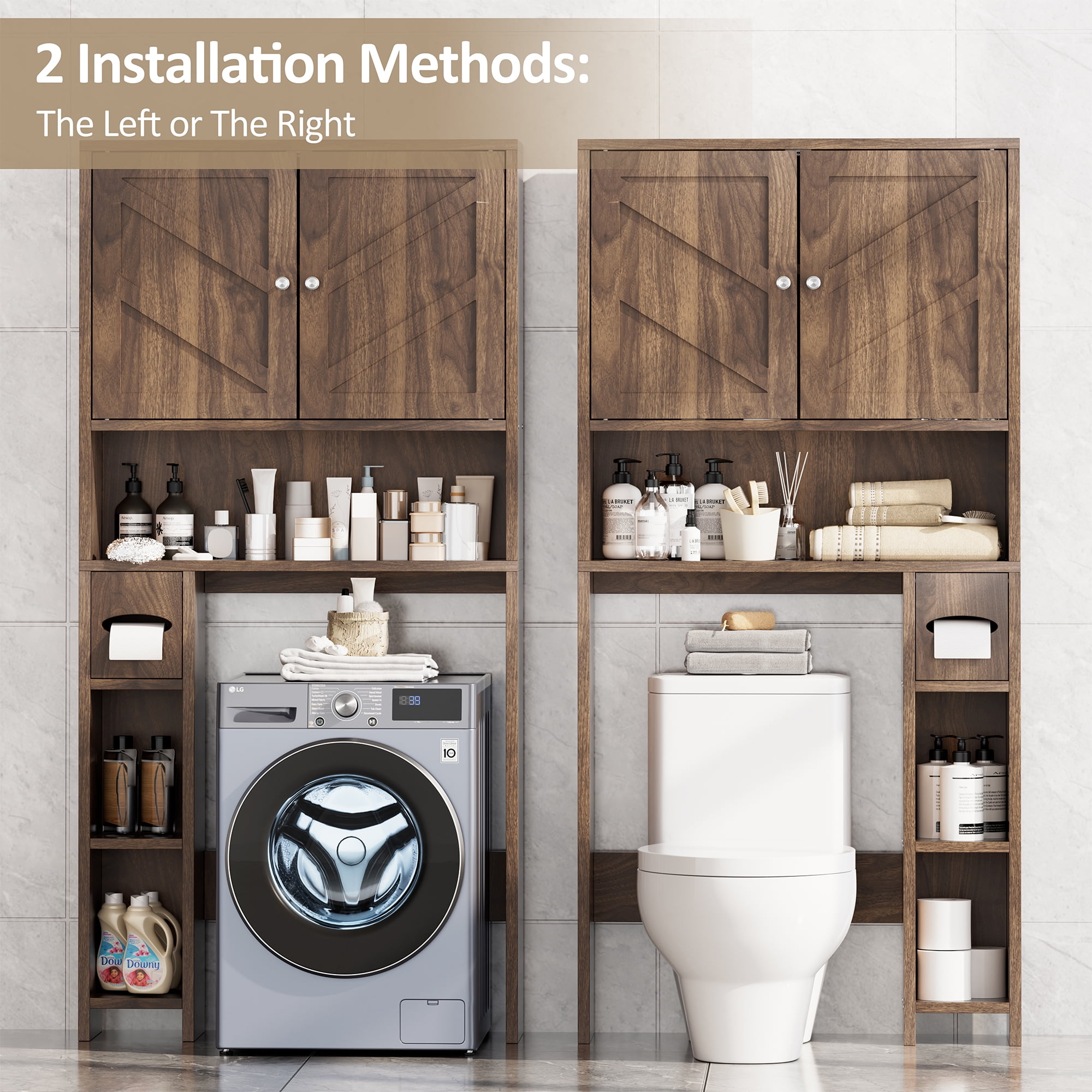 Walsunny Over the Toilet Storage Cabinet with Doors Side Storage Toilet Paper Holder Stand Space Saver Shelf Organizer Rack Freestanding for Restroom Bathroom Laundry Walnut