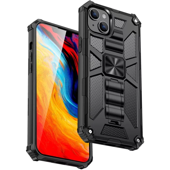 SOATUTO For iPhone 15 / iPhone 15 Pro / For iPhone 15 Plus / iPhone 15 Pro Max Case Shockproof Protective Hybrid Rubber Case with Kickstand Thin Slim Fit Phone Case Cover, iPhone 15, Black