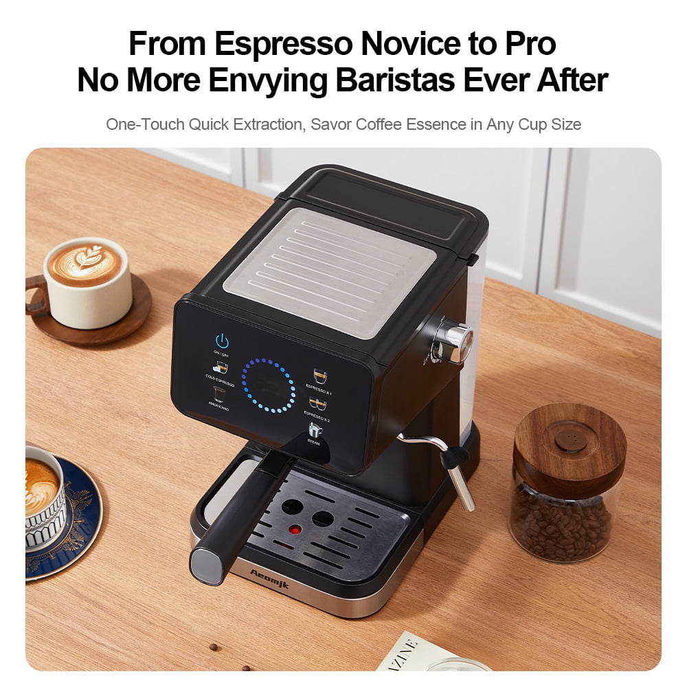 AEOMJK espresso machine with touchscreen operation, 20BAR pressure, capable of making both cold and hot coffee, equipped with a steam wand for frothing
