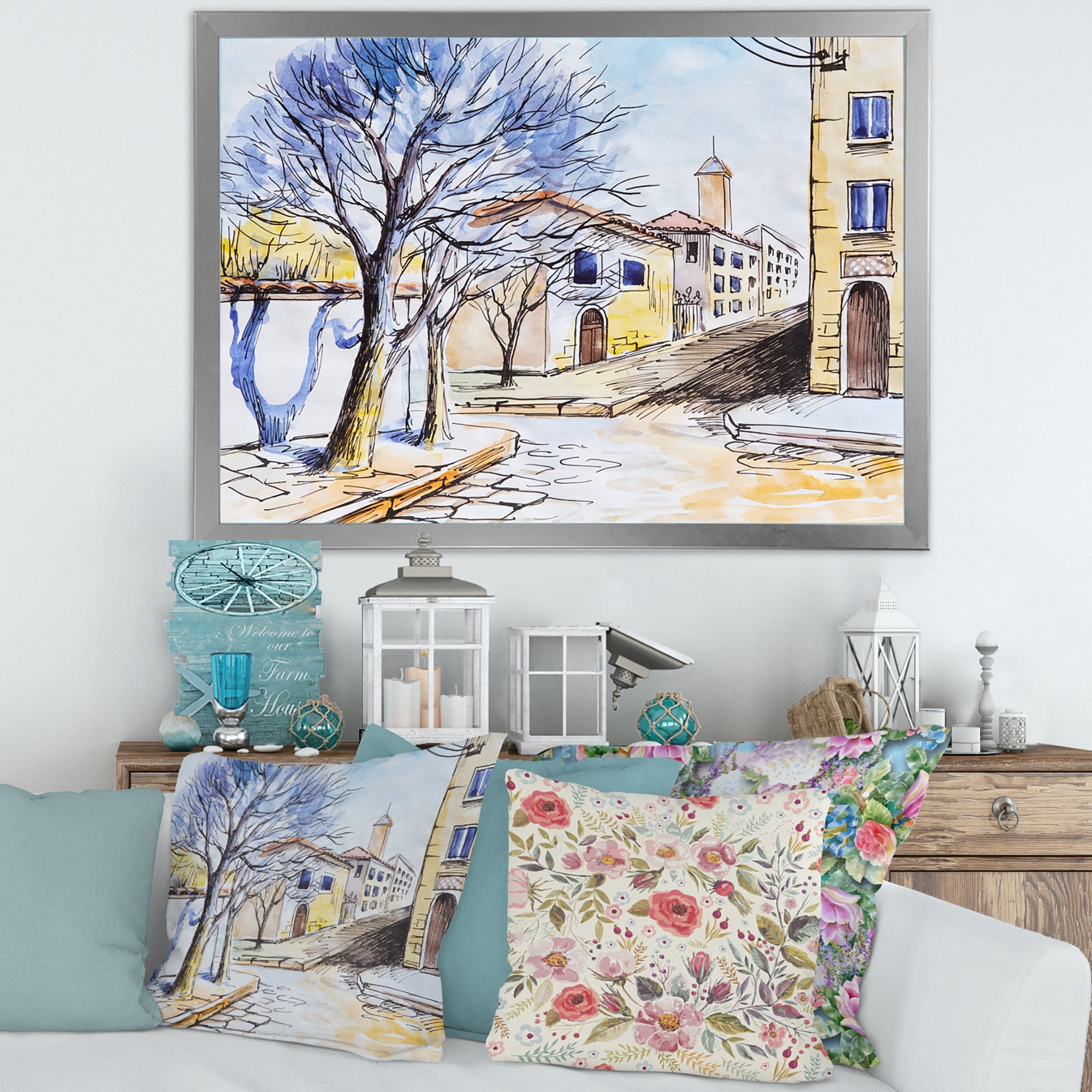 Designart 'Vintage White House In Summer VIllage' Traditional Framed Art Print