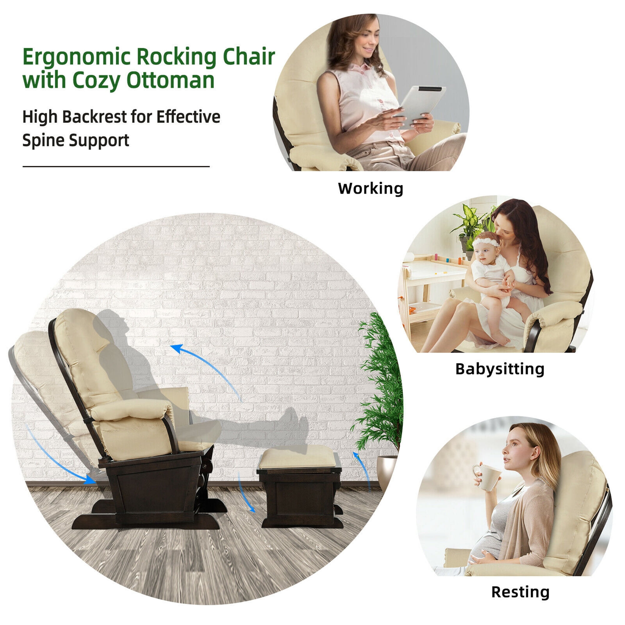 Gymax Wood Glider & Ottoman Cushion Set Baby Nursery Rocking Chair Beige