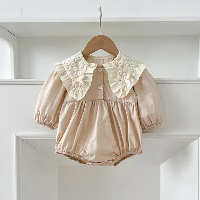 Korean Bow Embroidered Baby Bodysuit Spring Cute Girls Long Sleeve Butterfly Collar Dress Children's Clothes Sisters Dress