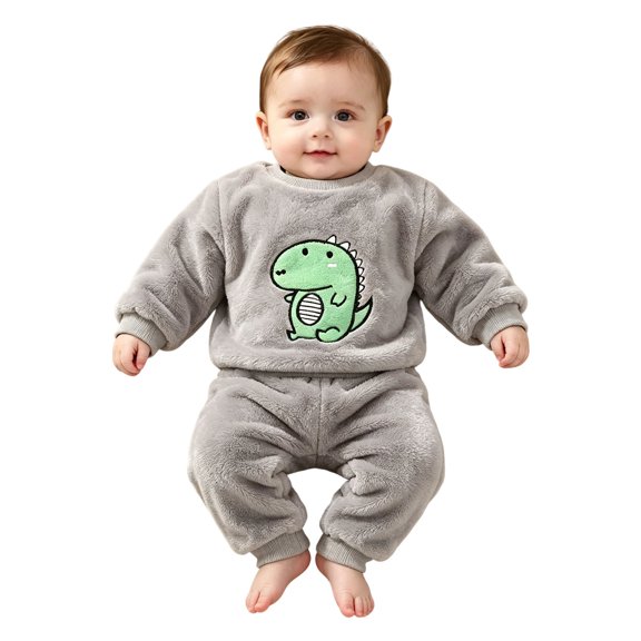Ruyang Toddler 2 Piece Outfit Flannel Cute Animal Embroidery Long Sleeve Pullover Solid Plush Pants Sets Baby Autumn Winter Thermal Clothes