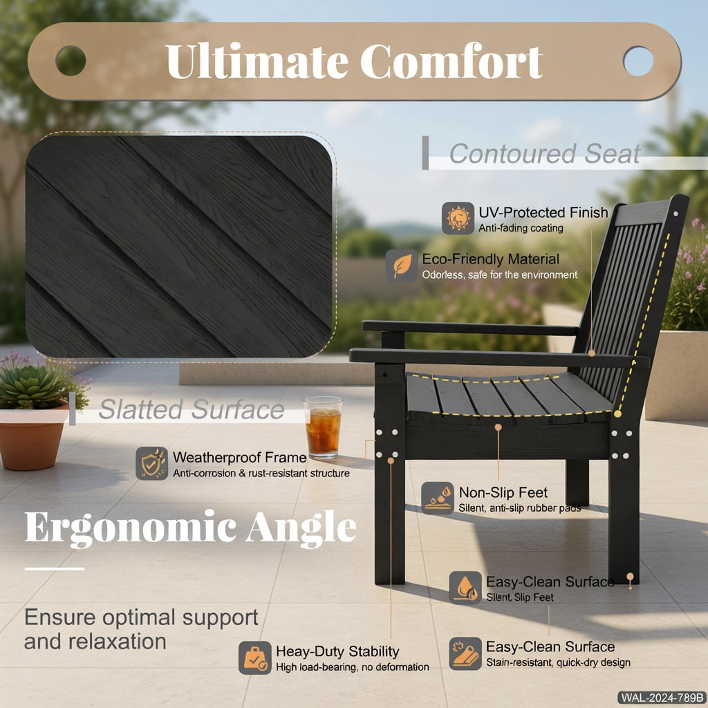 Hommoo 52" All-Weather HDPE Outdoor Bench, Heavy-Duty, Garden Bench with Backrest, Armrests & Slatted Design for Porch, Backyard & Patio, Black