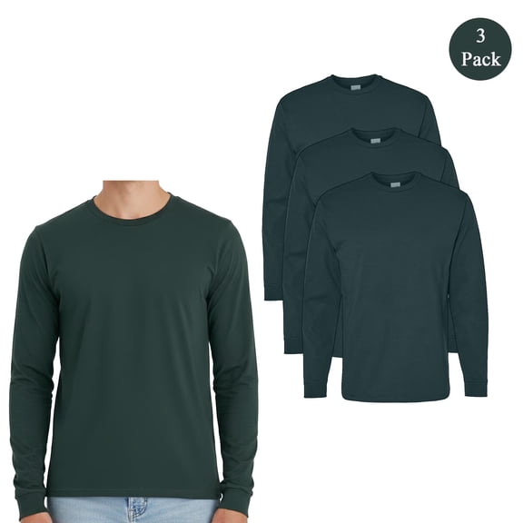 Hanes 3 Pack Essential Long Sleeve T-Shirt, Men's Crewneck Classic Athletic Dark Green Tee, S