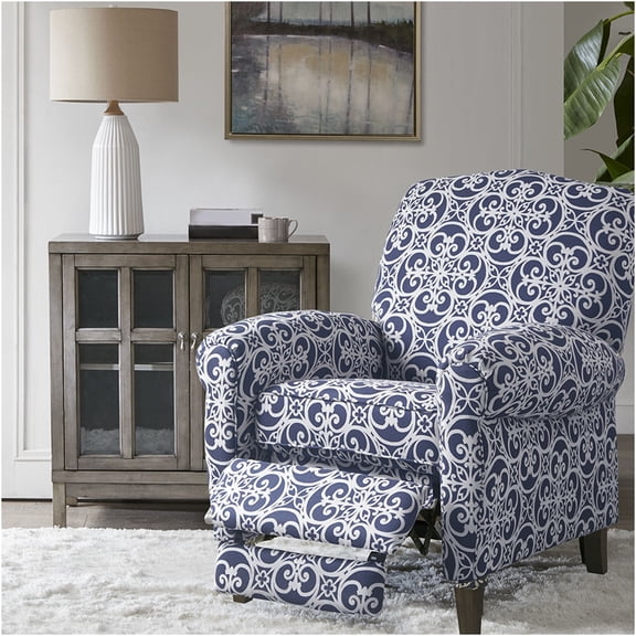 JERFIT Kirby Navy Fretwork Print Push Back Recliner Chair with Solid Wood Legs for Living Room