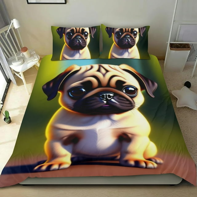 Pug Conjunto de sábanas temático, trío de piezas, cómodo y amigable con la piel, diseño único, regalo de decoración para el hogar para familiares, amigos y fans,140cm *210cm