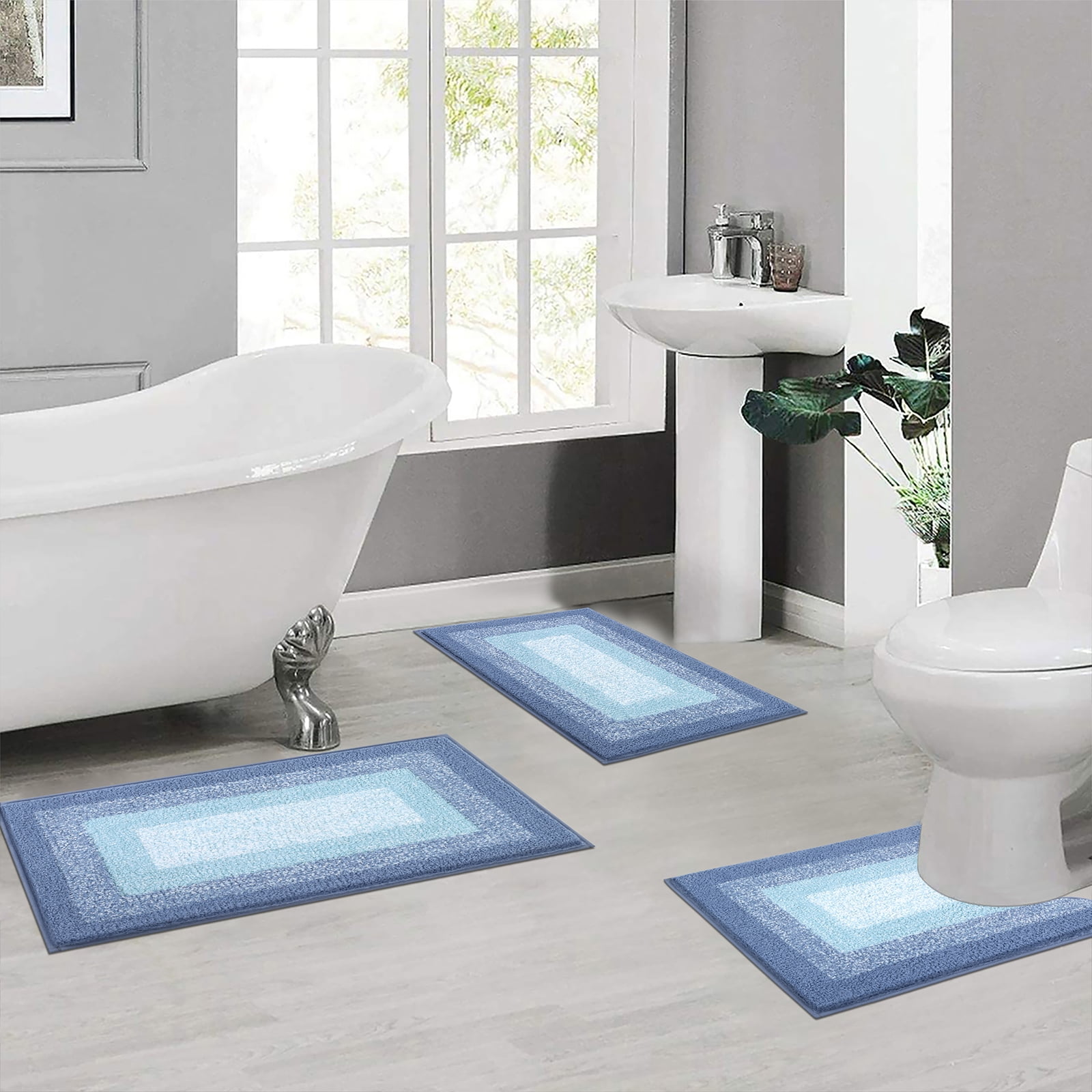 Ileading 3 Piece Bath Rug Set Microfiber Washable Non Slip Bathroom Rug and Mat Set, Light Blue