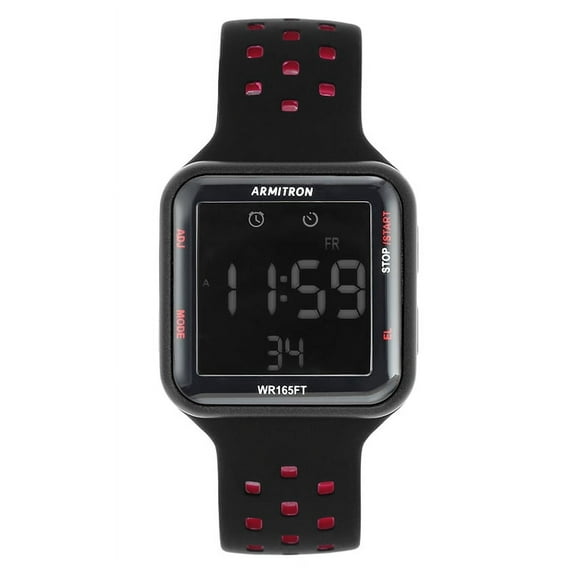 Armitron Unisex Adult Sport Black Red Square Wristwatch with Silicone Band