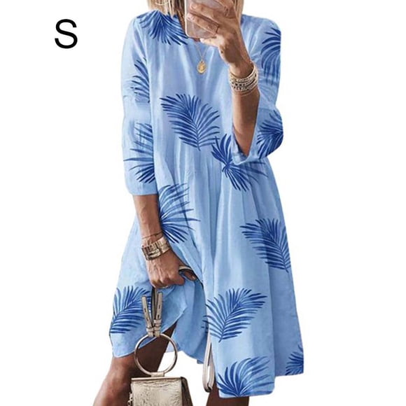 Dress Women Vintage Printed Dress 3/4 Sleeve Round Neck dress vintage Cloth, Leaf Blue, S