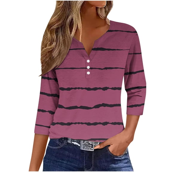 CHGBMOK 3/4 Sleeve T Shirts for Women Striped Button V Neck Blouses Casual Dressy Tops Loose Work Tunic