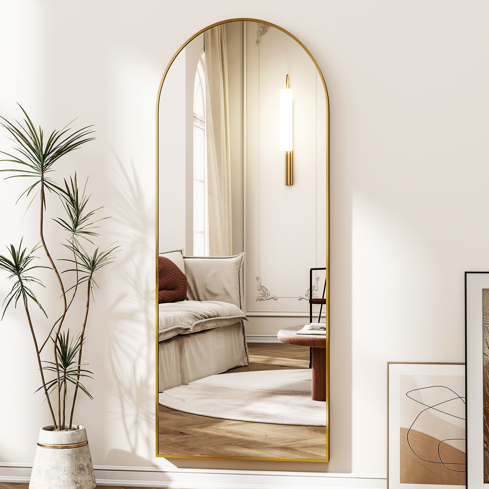 SEETHRUGLIMMER 66"x24" Arch Floor Mirror with Stand Wall Mounted, Gold