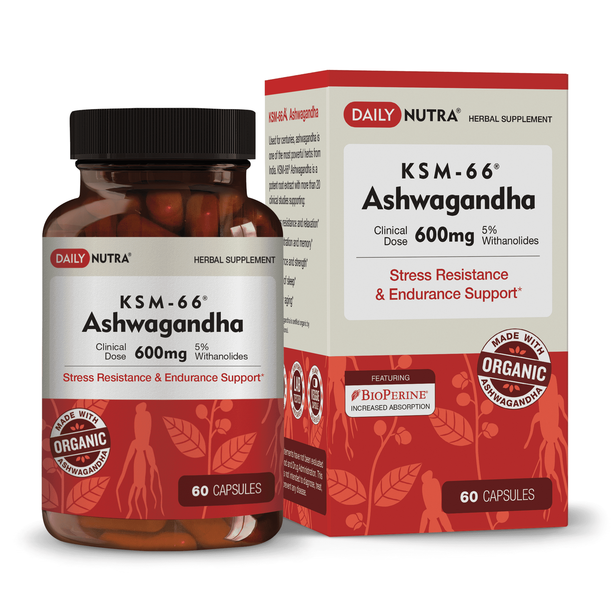 KSM66 Ashwagandha by DailyNutra 600mg Organic Root Extract High