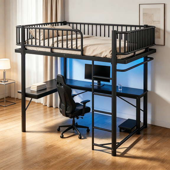 SAYGOGO Queen Loft Bed with L-Shaped Desk, Charging Station & LED Lights, Metal Loft Bed with PC Tray & Hanging Area, Round Pipe Design, Black