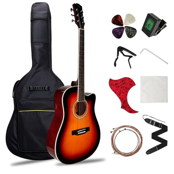 DQQKMM 41" Full-Size Cutaway Acoustic Guitar Kit for Adults & Beginners, Dreadnought Bundle with Gig Bag, Tuner, Capo & Strings, Sunburst Right-Handed