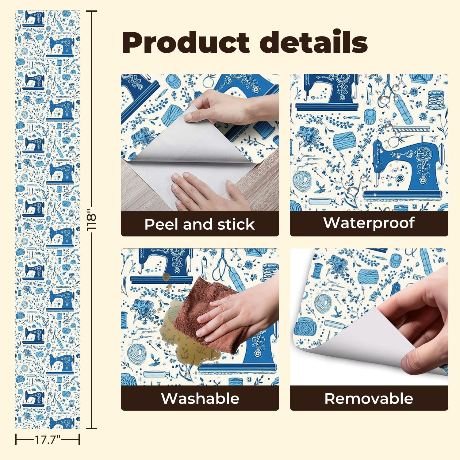 Peel and Stick Wallpaper 17.7in x 9.8ft Blue White Seamless Sewing Vintage Machines Notions Contact Paper Vinyl Self-Adhesive Removable Wall Paper for Bedroom DIY Home Decor Renter Friendly