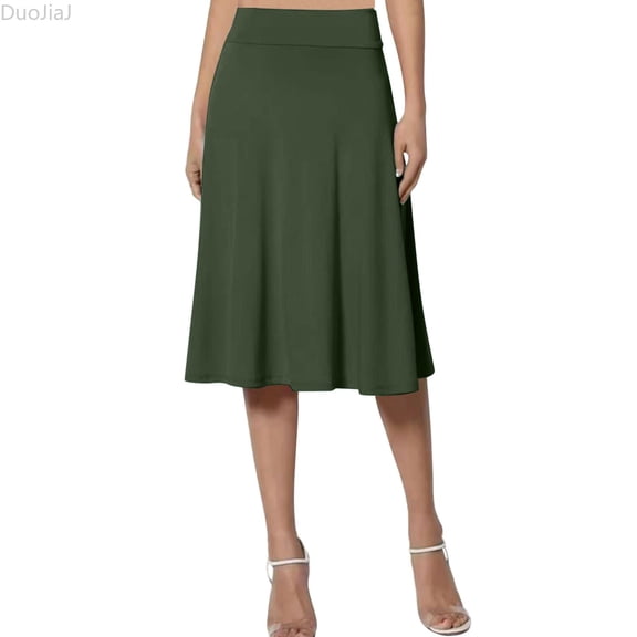 DuoJiaJ Women's Solid Flared Lightweight Elastic Waist Classic Midi Skirt Green XXL