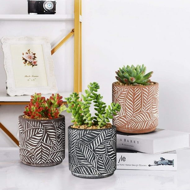 3 Pack 4 Inch Round Cement Flower Pots Leaf Pattern Small Cactus