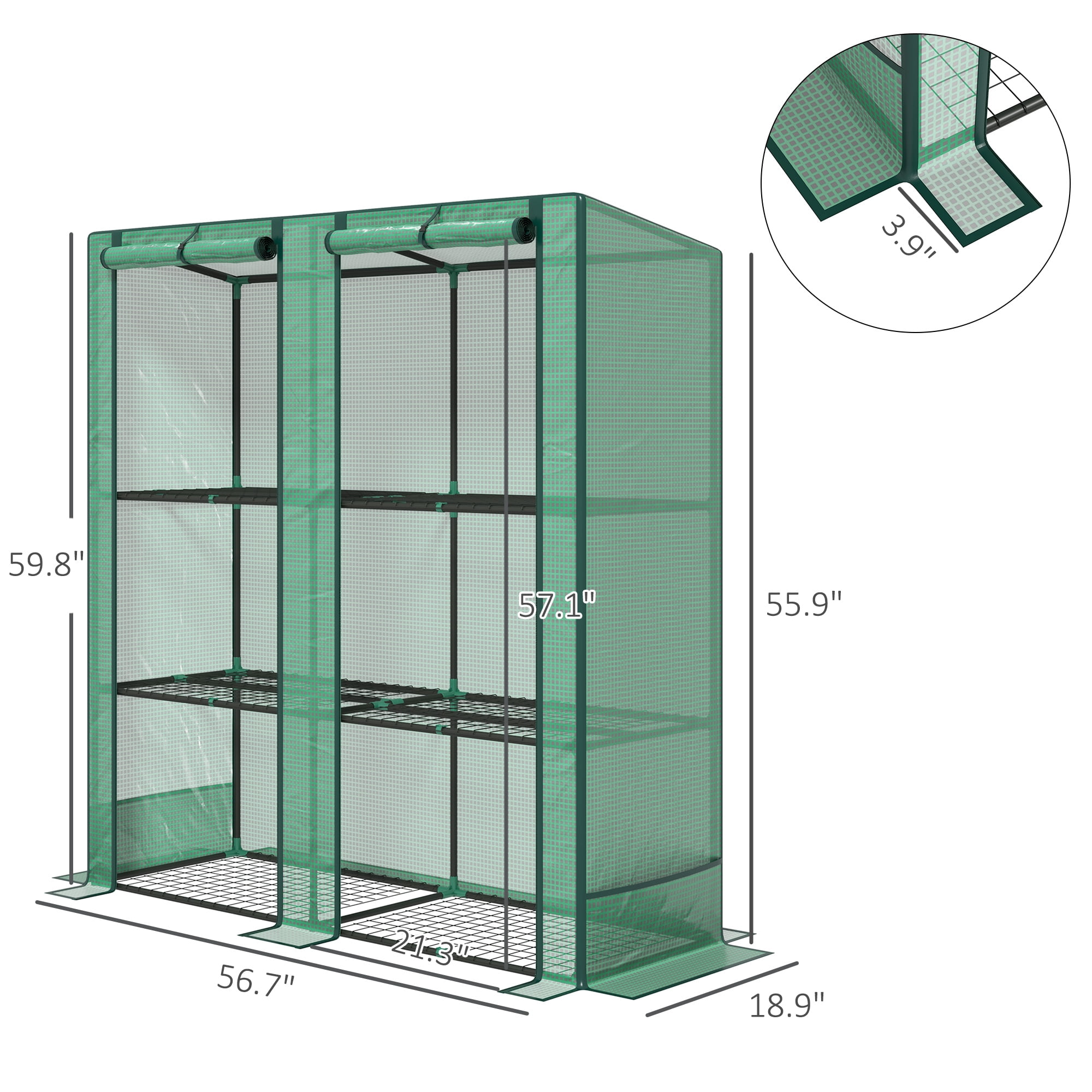 Outsunny 3 Tire Lean-to Greenhouse, Portable Small Greenhouse with PE Cover, 2 Roll-Up Zippered Doors, Green