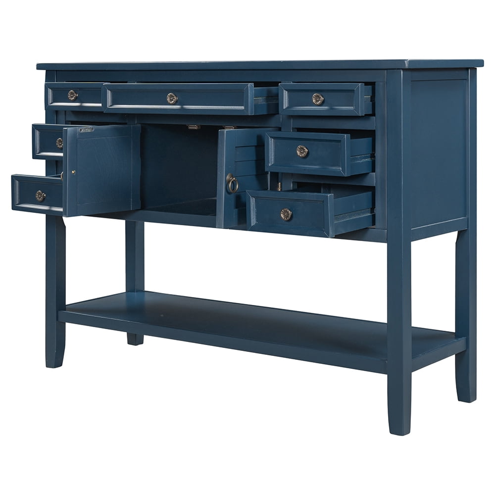 Lowestbest 45" Classic Console Table with Storage Drawers, Sofa Table with 7 Drawers, 1 Cabinet and 1 Shelf (Navy Blue) Lowestbest 45" Classic Console Table with Storage Drawers, Sofa Table with 7 Drawers, 1 Cabinet and 1 Shelf (Navy Blue)