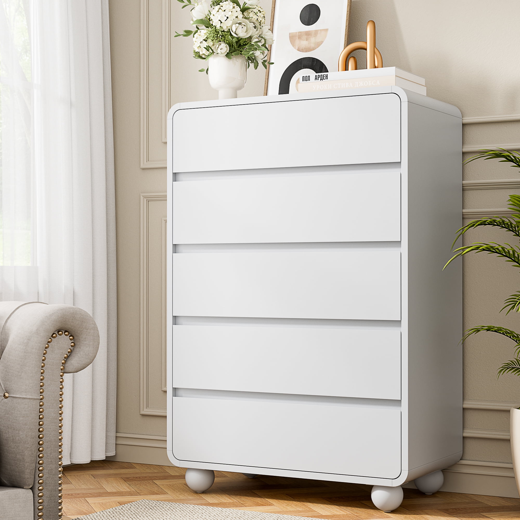 Laintene Tall Dresser 5 Drawer, Modern Wood Dresser for Bedroom, 41" Fluted Chest of Drawers with Curved Profile Design, White
